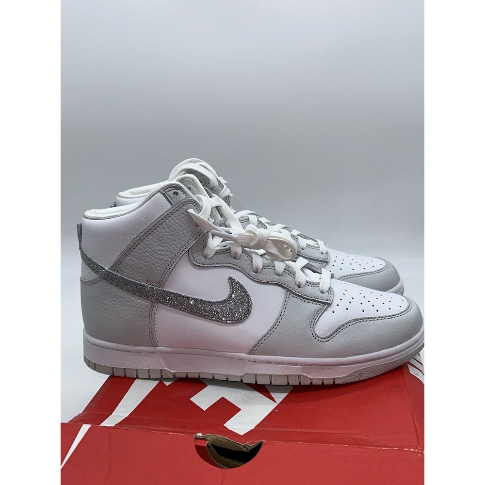 DMG Box Nike Dunk High 'Silver Glitter Swoosh' White Sneakers, Wmn 10 FJ4578-100 - Picture 7 of 12
